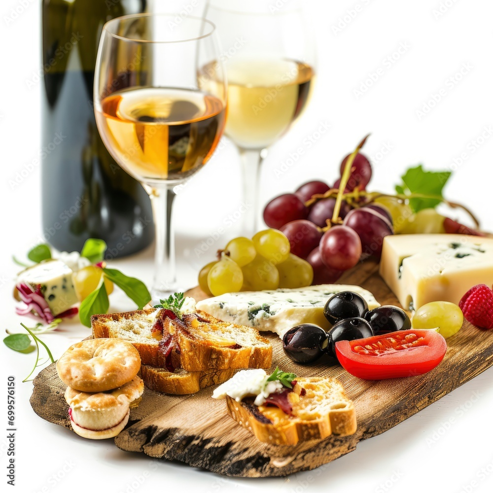 Picnic composition close up isolated photo, wine and appetizers, professional photo, sharp focus, white background