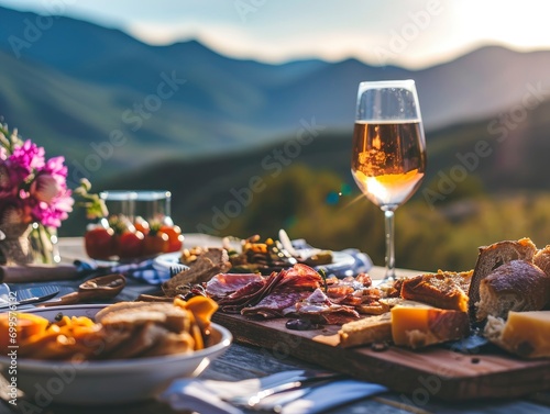 Picnic close up photo with mountain view, wine and appetizers, professional photo, sharp focus