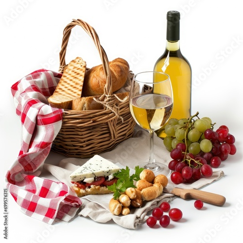 Romantic picnic composition photo, wine and appetizers, professional photo, sharp focus, isolated on white background