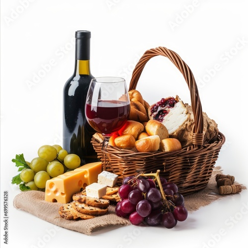 Romantic picnic composition photo, wine and appetizers, professional photo, sharp focus, isolated on white background