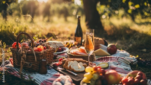Romantic picnic in a beautiful place, food, wine, fruits, professional photo, sharp focus, lots of details
