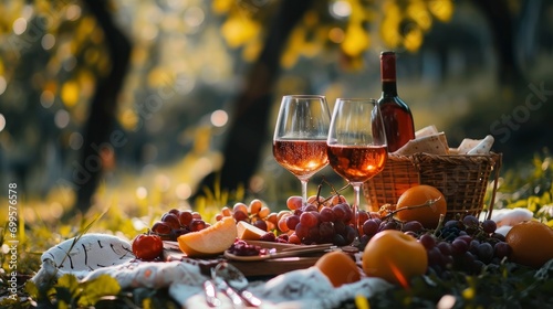 Romantic picnic in the garden close up photo with wine and fruits  professional photo  sharp focus