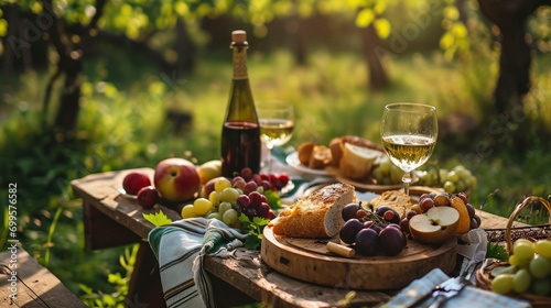 Romantic picnic in the garden, food, wine, fruits, professional photo, sharp focus, lots of details © shooreeq