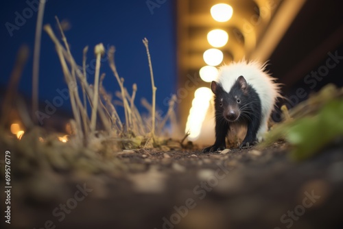 skunk with bright eyes near a night path photo