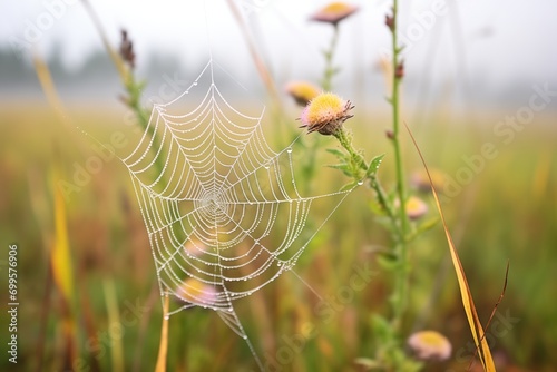 spider web covered with dew in a foggy meadow at early morning