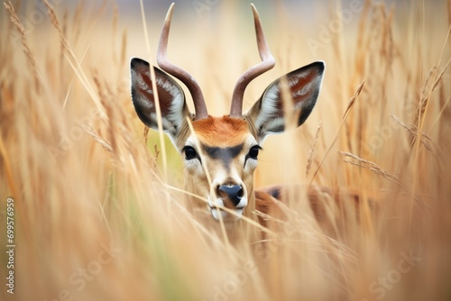 eye-level shot of springbok camouflaged in grass photo