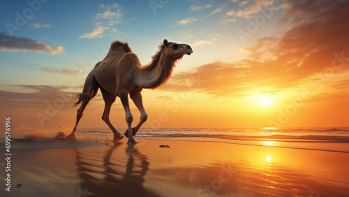Photo of a camel running along the seashore against the background of the sunset.  © Adam