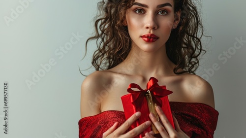 Sensual enchanting woman model with birthday gift box, professional photo, high details, sharp focus, bright white background © shooreeq