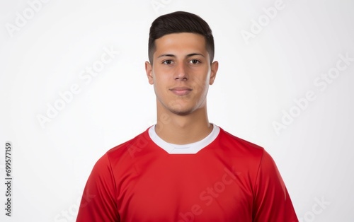 Portrait studio shot of a of male football soccer player wearing red jersey isolated on white background. closeup football player portrait against white background. copy space side. Generative AI