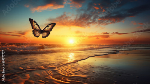 Photo of a butterfly running along the seashore against the background of the sunset. 