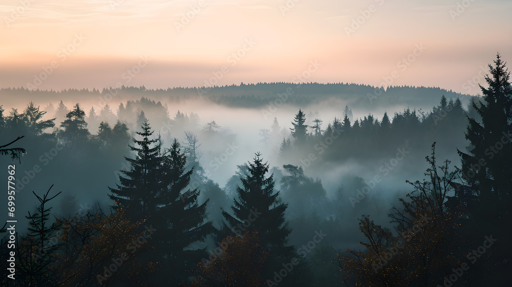 Misty Dawn Over the Serene Forest Landscape Misty Dawn Over the Serene Forest Landscape
