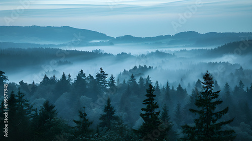 Misty Dawn Over the Serene Forest Landscape