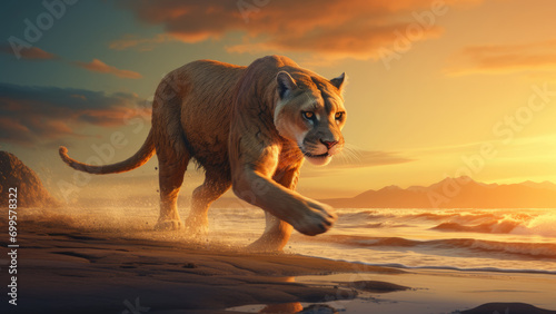 Photo of a lioness running along the seashore against the background of the sunset.  © Adam