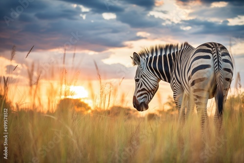 zebra grazing with a dramatic sunset backdrop
