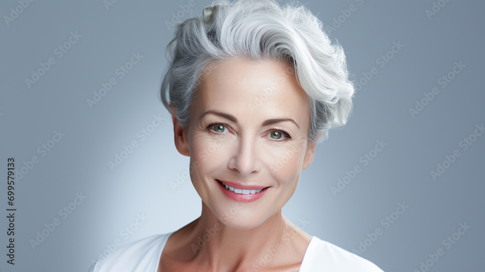 Portrait of happy senior woman looking at camera and smiling while standing against grey background.