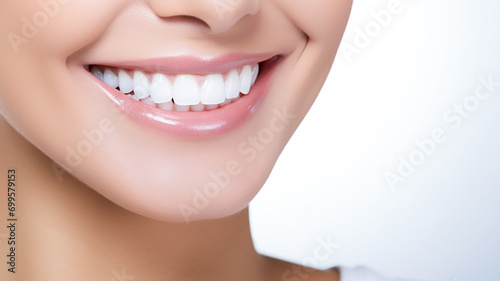 Closeup of smile with white teeth. Beautiful smile young woman. White teeth on white background.