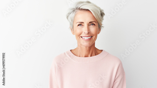 Portrait of beautiful 50s mid aged mature woman isolated on white background. Skin care beauty, skincare cosmetics concept.
