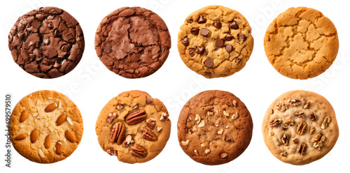 Collection of round cookie cookies biscuit, classic and nut set, on transparent background cutout. PNG file. Many assorted different flavour. Mockup template for artwork design photo