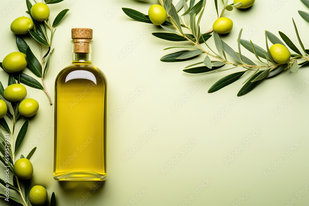 A bottle olive oil, olives, green olive leaf, on yellow background.