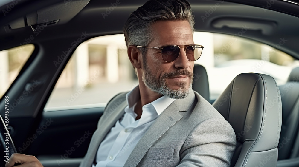 Elegant modern trendy middle age male in a luxury car Elegant modern trendy middle age male in a luxury car