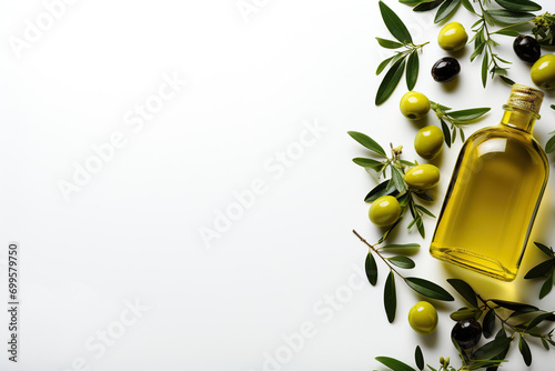 A bottle olive oil, olives, green olive leaf, on white background. photo