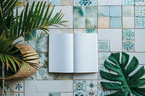 an open book sitting on top of a tiled floor