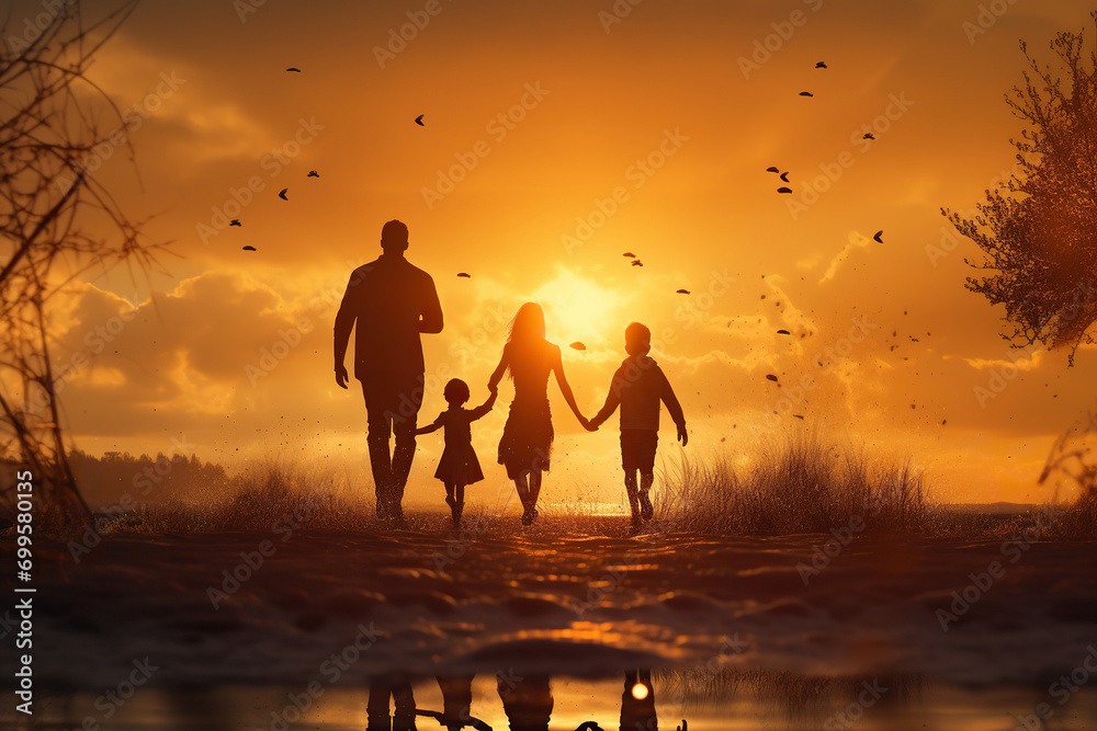 Happy large family: mother, father, children son and daughters running on nature on sunset - obrazy, fototapety, plakaty 