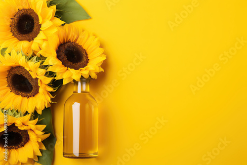A bottle of sunflower oil and sunflower on yellow background. photo