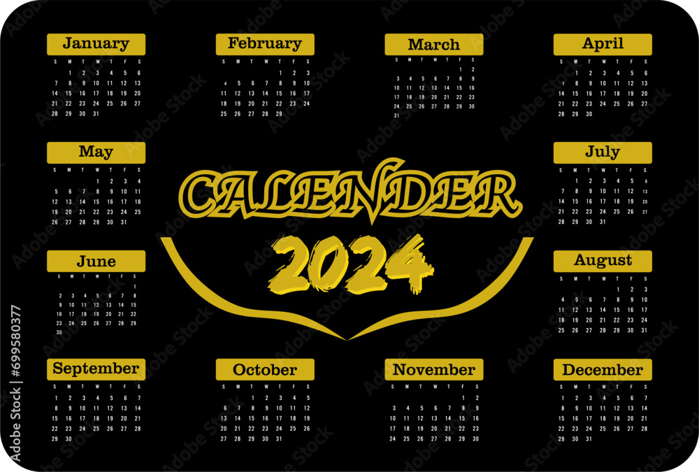 2024 year Monthly calendar template Black & Gold. Wall calendar in a