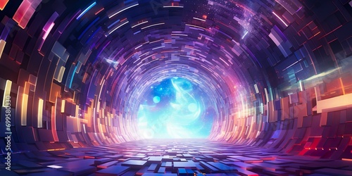 Abstract metaverse background with a glowing arch in the center, a perspective tunnel with a huge number of colorful elements illustrating the metaverse, virtual cyberspace