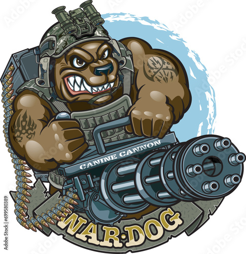 Cartoon style dog in military gear holding m134 minigun