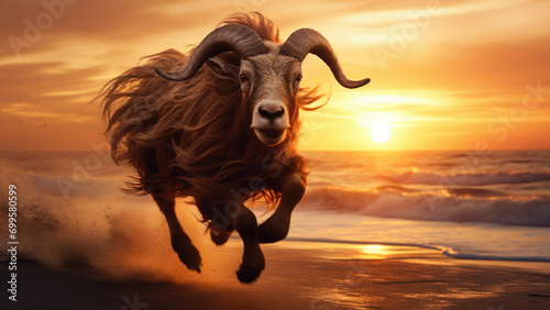 Photo of a goat running along the seashore against the background of the sunset. 