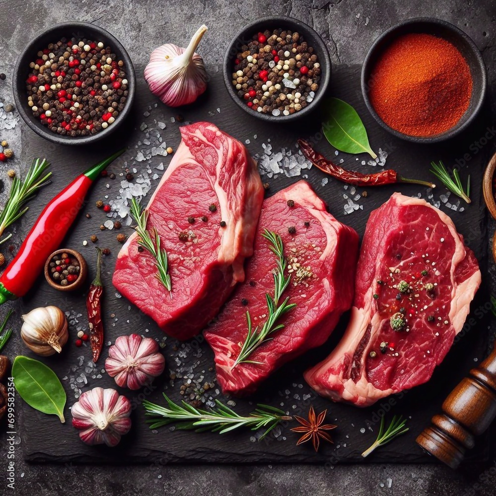 Fresh raw meat on black board. AI generated illustration