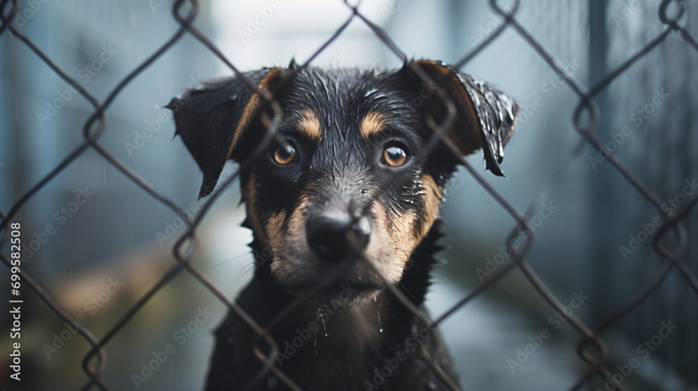 Homeless dog waiting for adoption in shelter cage - obrazy, fototapety, plakaty 