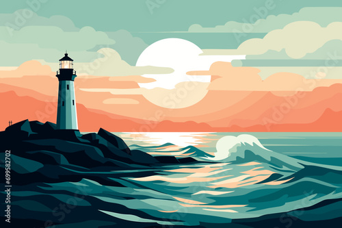 lighthouse in peaceful seascape vector illustration