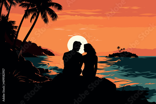 romantic couple silhouette on tropical beach vector illustration