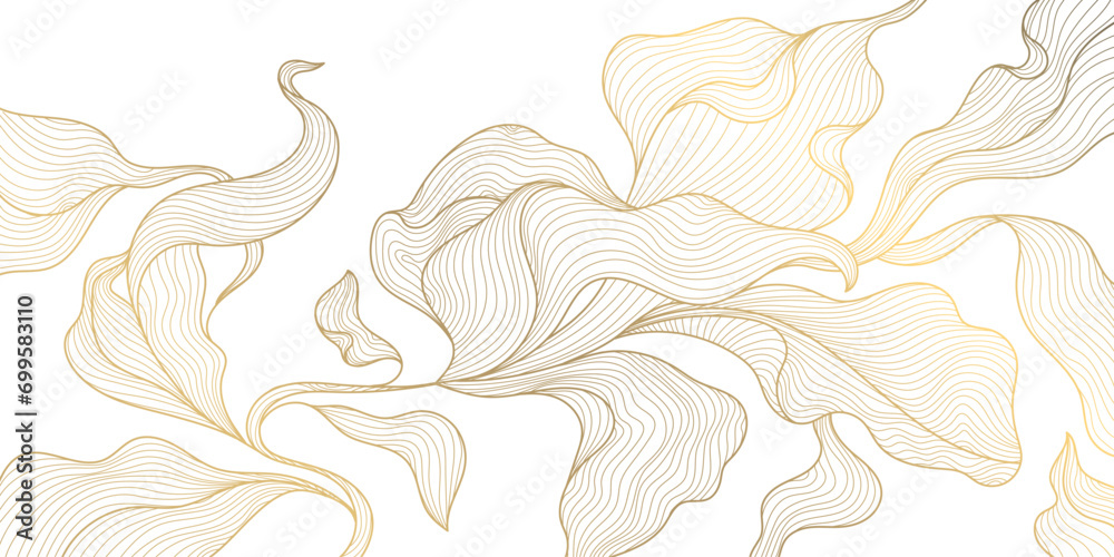 Vector golden leaves background, luxury abstract wavy floral art. Nature design texture, line illustration, foliage wallpaper. - obrazy, fototapety, plakaty 