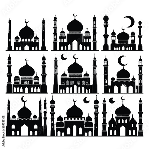 Set of mosque silhouettes isolated on a white background, Vector illustration.