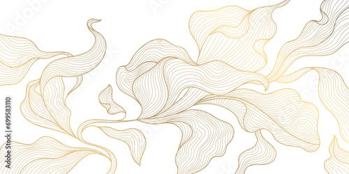 Vector golden leaves background, luxury abstract wavy floral art. Nature design texture, line illustration, foliage wallpaper.