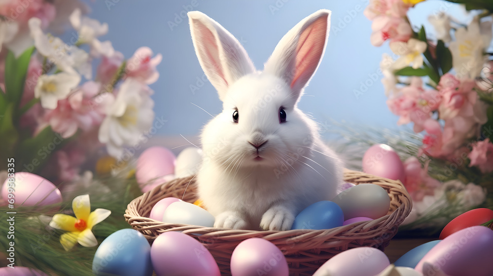 Obraz premium Cute Easter Bunny with easter eggs. AI generative.