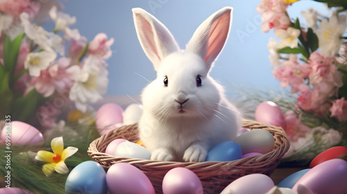 Cute Easter Bunny with easter eggs. AI generative.