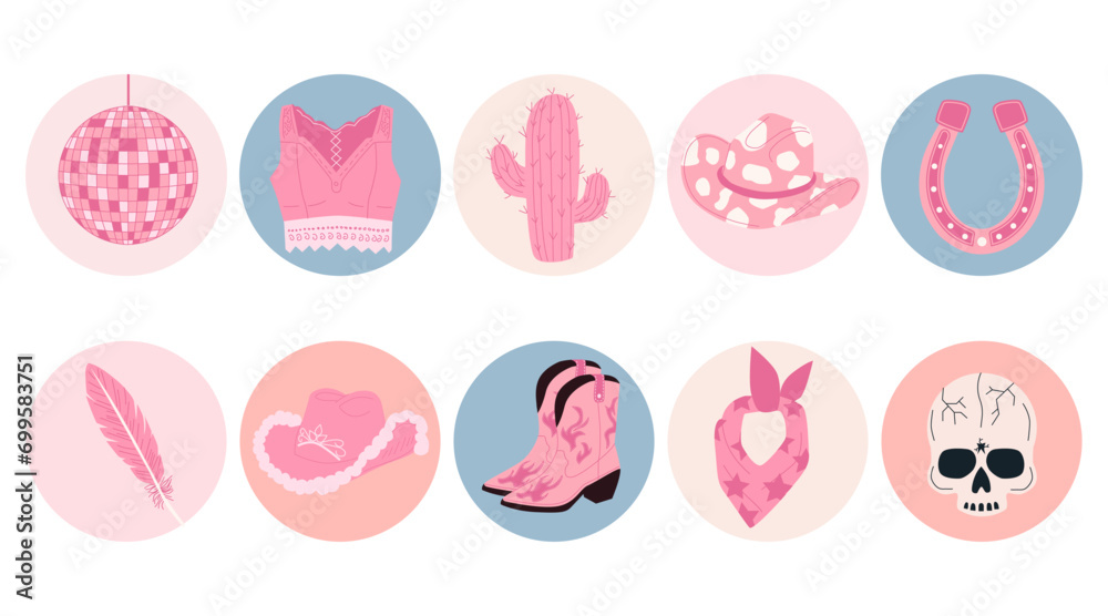 A cute set of hand drawn pink female cowboy elements. Trendy vector illustrations in cartoon style. Doodle vector icons pack in retro style.