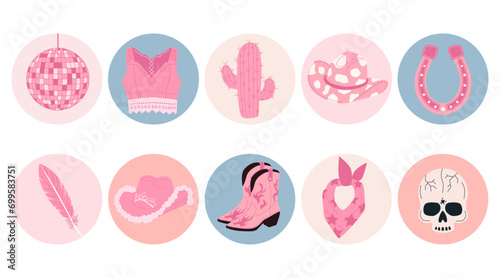A cute set of hand drawn pink female cowboy elements. Trendy vector illustrations in cartoon style. Doodle vector icons pack in retro style. photo