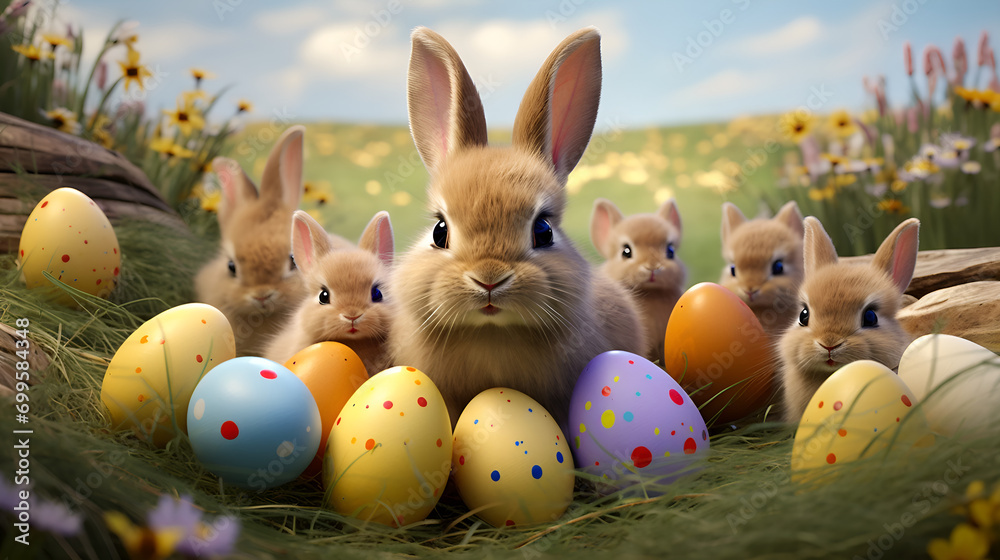 Cute Easter Bunny with easter eggs. AI generative. Cute Easter Bunny with easter eggs. AI generative.