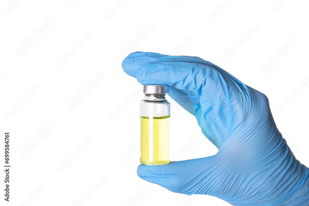 A doctor's hand in medical gloves holds a vaccine vial. Transparent background.