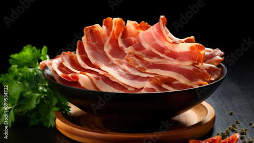 Slices of smoked bacon in a bowl on a black background