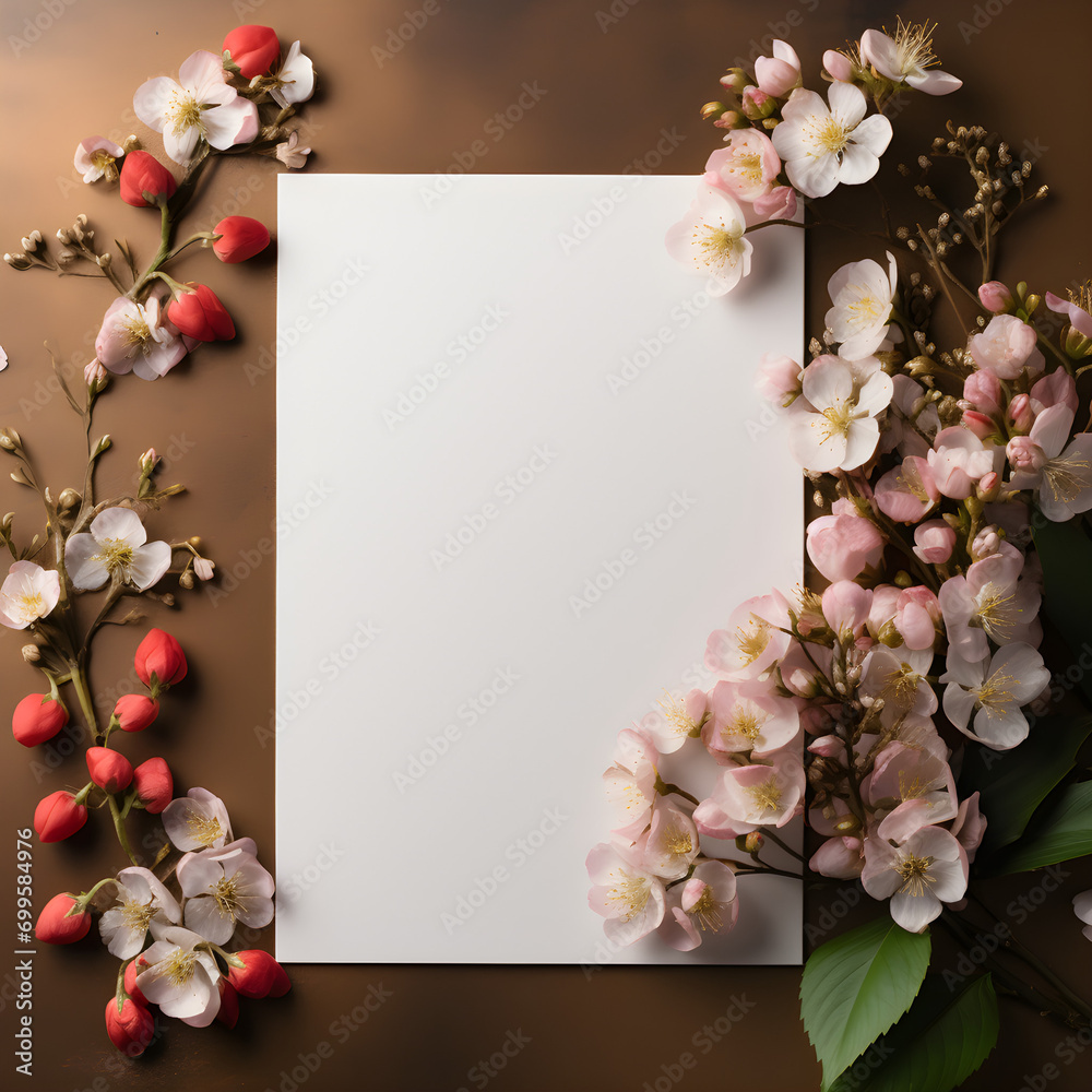 Hoja de papel en un escritorio rodeada de flores, muy romántico, carta de amor.