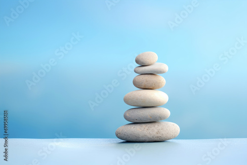 Stack of zen stones on blue background with copy space for text