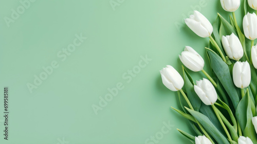 White tulips on green background. Flat lay, top view, copy space