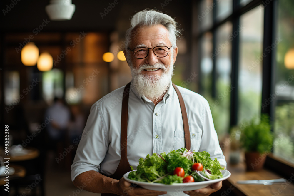 Portrait of smiling senior man holding salad in restaurant. Cheerful senior man with healthy food Portrait of smiling senior man holding salad in restaurant. Cheerful senior man with healthy food